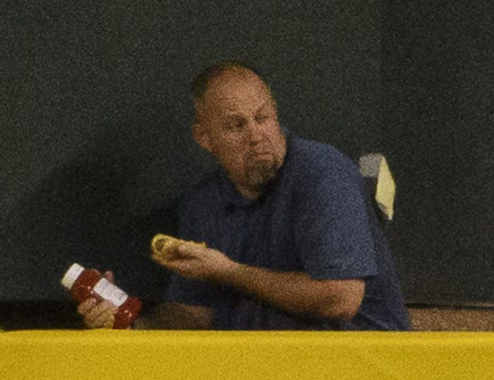 JRRadcliffe's tweet photo. Have we talked about the dude saving his hot dog behind Cain's great catch last night? Heads up awareness. https://t.co/qK1BRuStqF