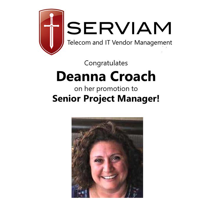 ServiamTelecom's tweet photo. We are pleased to announce that Deanna Croach has been promoted to Senior Project Manager. Congratulations Deanna, well deserved!

#telecom #itmanagement #serviamtelecom #cloudcomputing

@ServiamTelecom https://t.co/A9f9CC2PFq