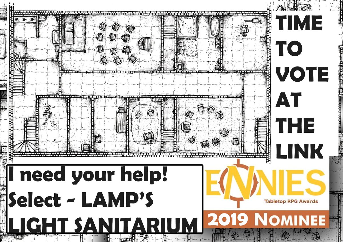 I need your help people! We are nearly out of time to vote at the ENNIES <a href="/ENnies/">ENNIE Awards</a> here ennie-awards.com/vote/2019/inde… you can select IF YOU WANT the cartography link and then LAMP's LIGHT SANITARIUM - that'll be a vote for the maps I did for the book with <a href="/matthewdcorley/">Matt (Whispers RPG)</a>. MUCH LOVE! Toby