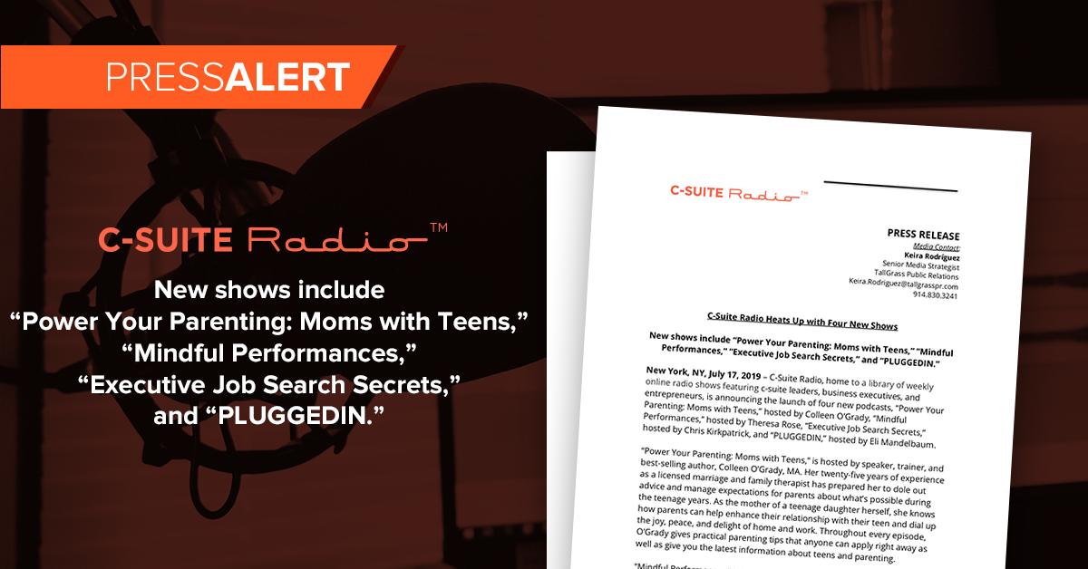 #CSuite Radio is announcing the launch of 4 new podcasts:

-Power Your Parenting: Moms with Teens by Colleen O’Grady @poweryourparent 

-Mindful Performances by <a href="/TheresaRose/">Theresa Garner</a>
 
-Executive Job Search Secrets by @SafeBetMoneyGuy  

-PLUGGEDIN by <a href="/emandelbaum/">emandelbaum</a>

bit.ly/2XSAZ0n