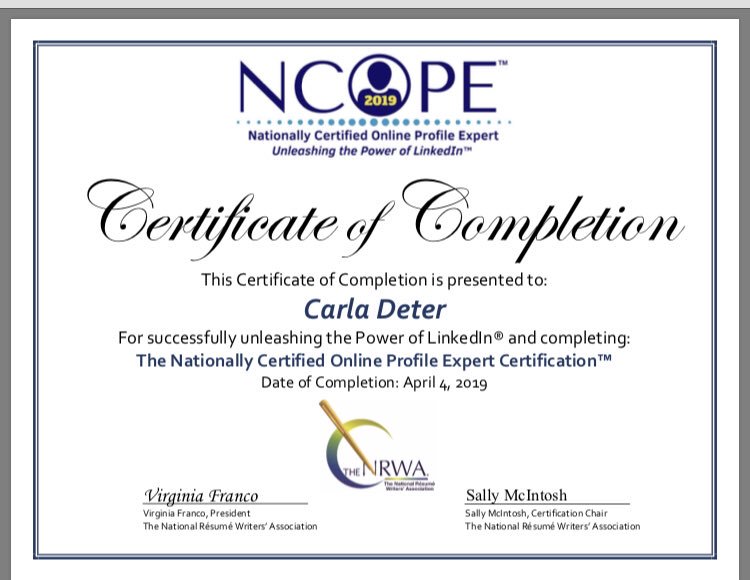 CarlaDeter's tweet photo. Our owner has recently received a Nationally Certified Online Profile Expert (NCOPE) credential –  Unleashing the Power of LinkedIn.
#LinkedIn https://t.co/X1HV14tBjN