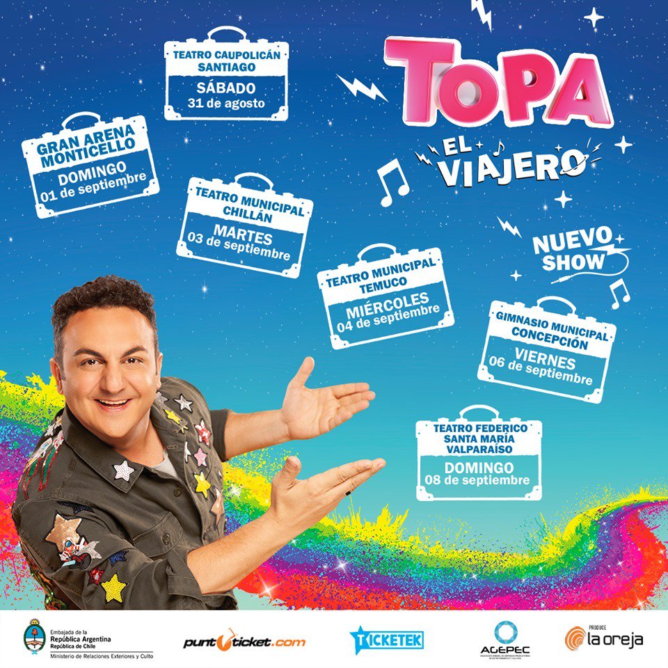 FansClubTopa's tweet photo. ATENCION CHILE!!! #TopaElViajero @diegotopaok esta llegando! 
Entradas a la venta EN Punto Ticket  Gran Arena Monticello, Chillán, Concepción, Temuco y Valparaíso: https://t.co/lKDjyA3BYf 
Teatro Caupolicán a través de Ticketek Chile: https://t.co/TU4k97v1dL
¡No te lo pierdas! https://t.co/s0u0nxSaT0