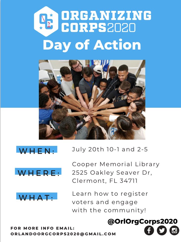 OrlOrgCorps2020's tweet photo. TOMORROW!
Come register voters at our Lake County Day of Action! We have shifts from 10am-1pm and 2pm-5pm.
Sign up here: https://t.co/NqyFGFesdj
#OC4theWIN #FlaPol #YoungDems https://t.co/wIHt40eMrA