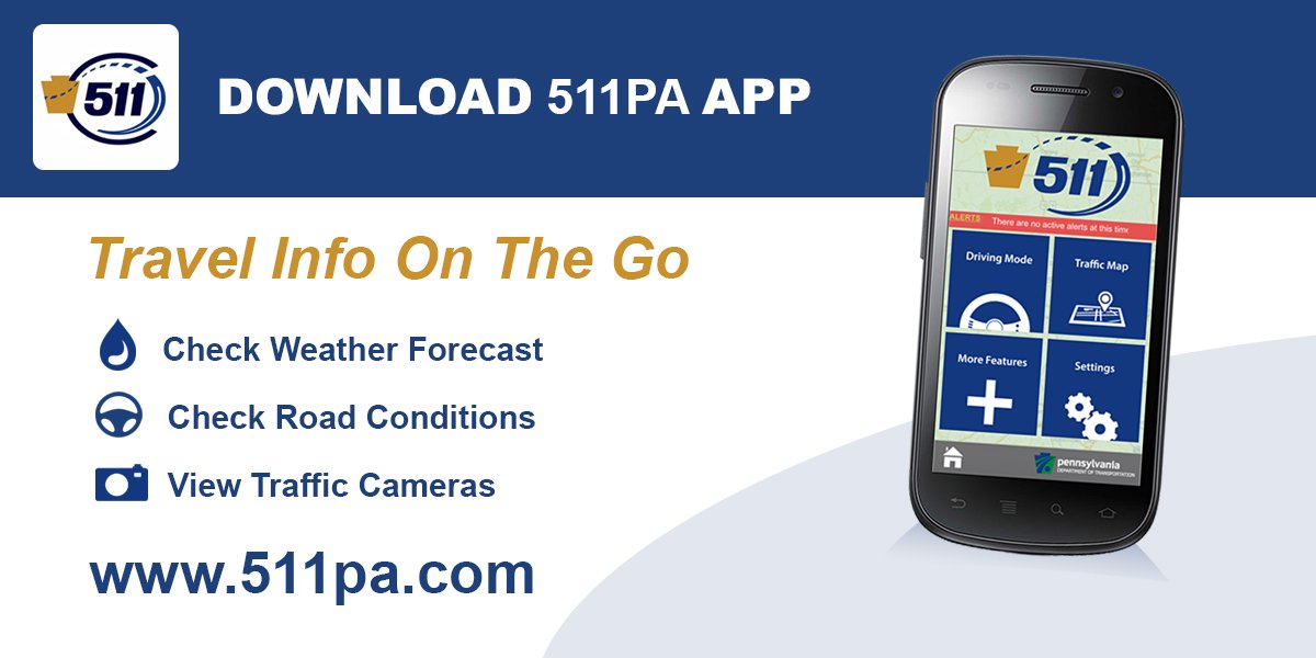 PennDOTNews's tweet photo. Get your travel Info on the go! Check the latest weather forecasts, weather alerts, and overall travel conditions at https://t.co/uKuZOUnLiI. #PennDOT #PASafety #511PA #PATraffic https://t.co/rFBP6AaUVc