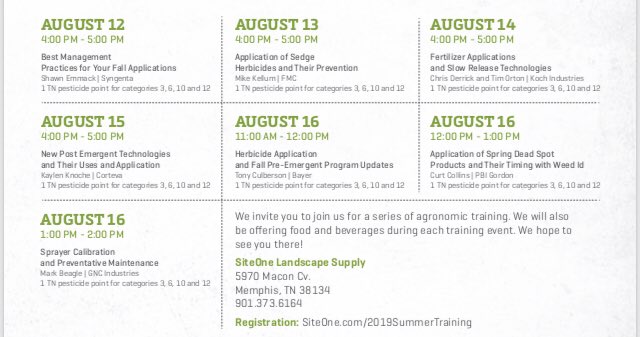 Join your Memphis SiteOne Team in some CEU classes the week of August 12th, 2019.
Register at siteone.com/2019summertrai… #pesticidetraining #fertilizer #weedcontrol #preemergant #herbicides #strongertogether #LESCO