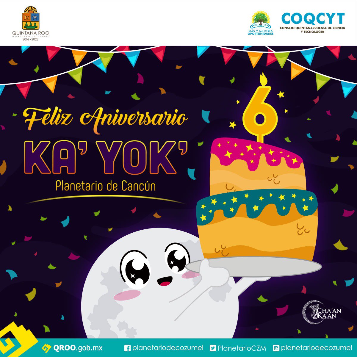 PlanetarioCZM's tweet photo. 🎂¡Feliz 6°#anivesario hermano @PlanetarioCun! 🤩✨ ¡Larga vida a nuestro querido #Kayok! 💪🚀
#CienciaEnElCaribe #Talleres #Cultura #Cancún #Astronomía #DOMO https://t.co/GfHMD3uZpO https://t.co/1du2rd4USy