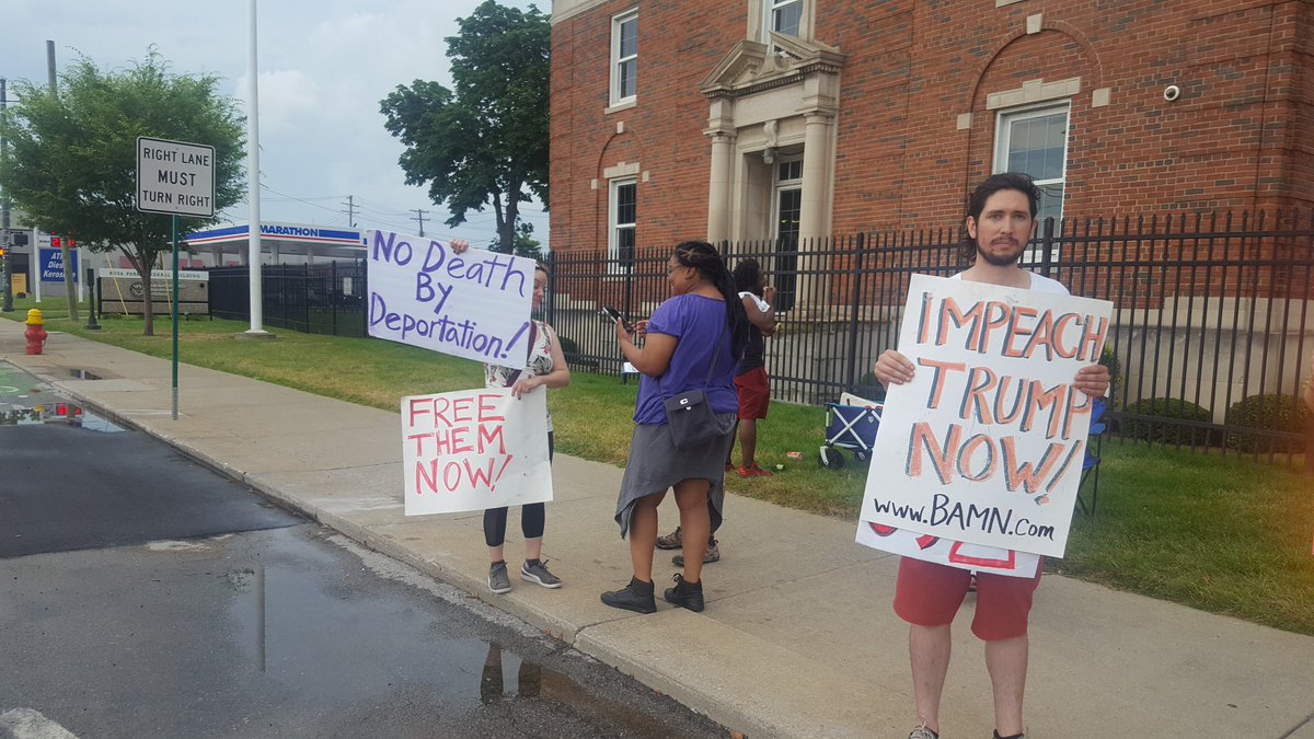 abolishice313's tweet photo. We've received word from @followbamn that the ICE admin building just captured 5 Iraqi Nationals during the check in process. We're staying vigilant outside. #NoDeathByDeportation https://t.co/Q5NBeqm8UL