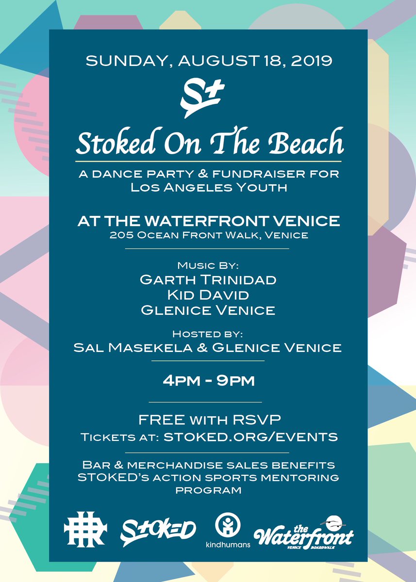 LA - join us for a beach dance party on 8/18! Featuring DJs <a href="/garthtrinidad/">Garth Trinidad (he/him)</a> <a href="/KIDDAVIDrr/">KID DAVID</a> &amp; Glenice Venice. Bar &amp; merch sales benefit @stokedorg. Get your FREE tix here: buff.ly/2JISesF #stokedonthebeach