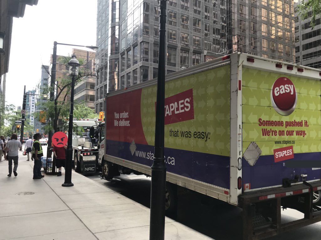 ParkingTPS's tweet photo. This @StaplesCanada truck was caught on Wellington St W #RHR the driver was extremely annoyed saying that he does this all the time and only gets tickets #TagAndTow Rush hour routes are not for deliveries #KeepTOMoving ^sk https://t.co/fwSxPSkrfa