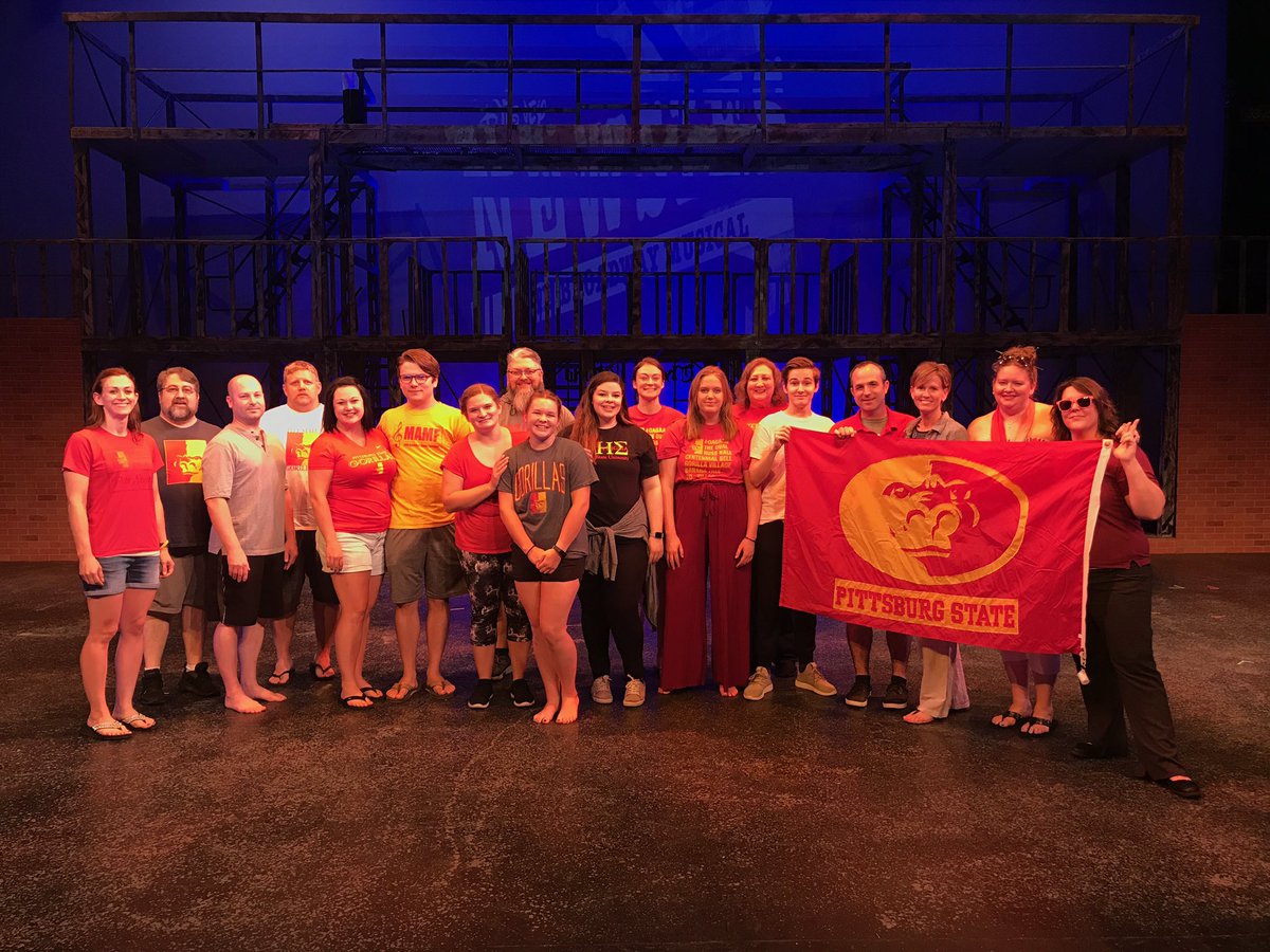 pittstate's tweet photo. More than 20 members of the @PittCommTheatre cast and crew of “Newsies” are proud Gorillas! We’re talking staff, alums, and current students! Thanks for reppin’ #GorillaNation! 🦍❤️💛 https://t.co/xHFjhB4R68