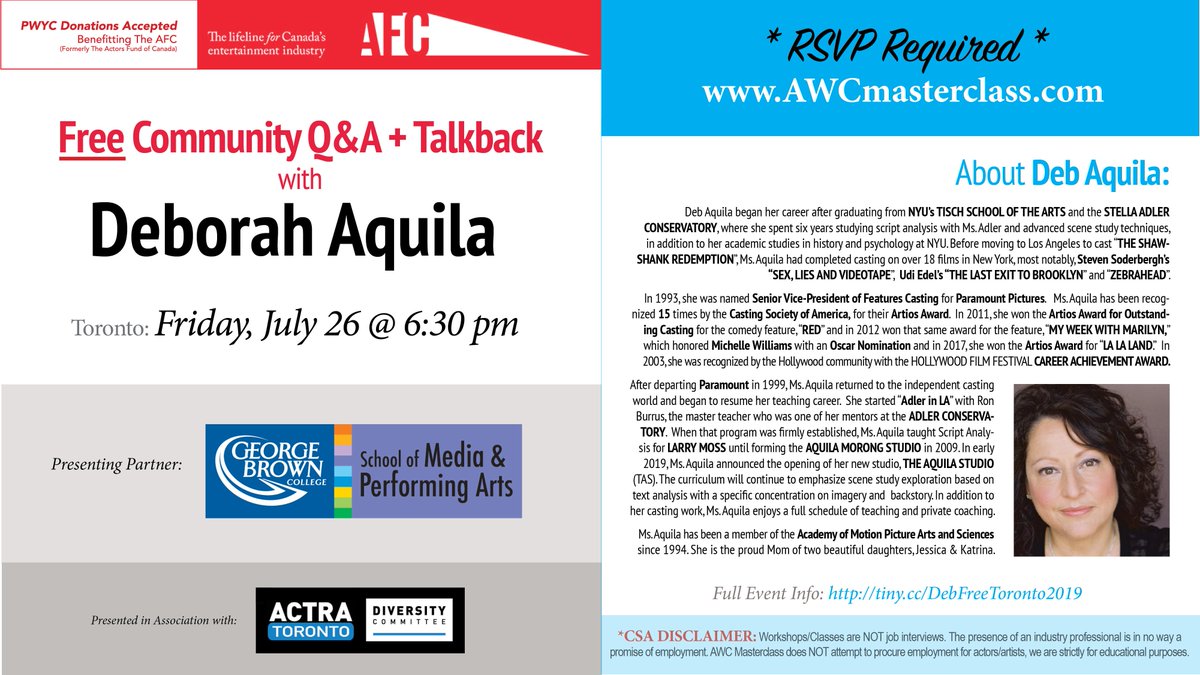 ActorsWCanada's tweet photo. Free Community Q&amp;A + Talkback with DEBORAH AQUILA * FRIDAY, JULY 26 @ 6:30 pm * 

Presented by George Brown College School of Media &amp; Performing Arts; in Association with ACTRA Toronto Diversity Committee

RSVP REQUIRED: https://t.co/i9u9fUr1Fy

Full Info: https://t.co/gPlSQDQpLY https://t.co/87Rc8XA8vW