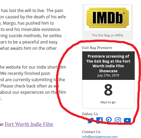 exitbagmovie's tweet image. It&apos;s getting real. Countdown timer for the world Premiere  of The Exit Bag is now running on the film&apos;s website: exitbagmovie.com