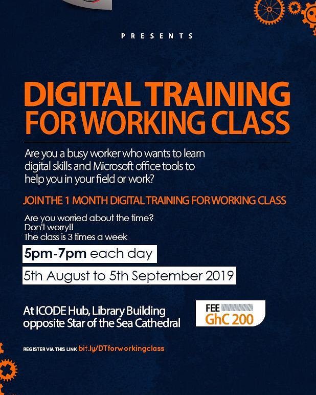 jpenmedia's tweet image. Do you wants to learn digital skills and Microsoft office tools to help you in your field or work?
Join the one (1) month digital training for working class.

Please register with the link below
bit.ly/DTforworkingcl…

See flyer for more information
#edensmediagh 
#icodegh