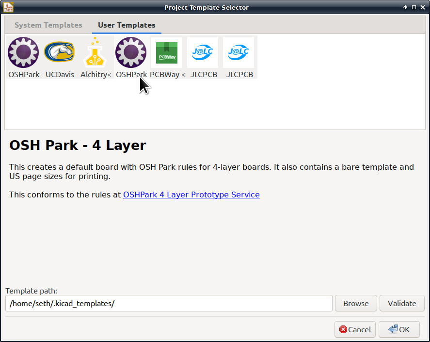 Custom Template Selector showing OSHPark, UCDavis, PCBWay, JLCPCB and Alchitry templates