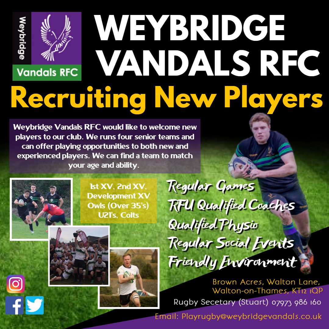 VandalsRFC's tweet photo. Where are you playing your rugby in 2019-20?

@vandalsrfc are looking for new players, young &amp; old, new or experienced. We can find a team to match your ability &amp; ambitions.

Training Tuesday 7.30pm &amp; Saturday 10am 📍KT12 1QP

For info DM or email playrugby@weybridgevandals.co.uk https://t.co/pViXTExXL9
