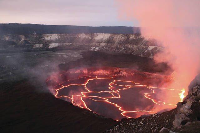 Hawaii almost always has lava lakes. At least, it did.Both Kīlauea‘a persistent lava lakes drained during its May 2018 eruptions. Halemaumau (home of Pele) even has park observation structures for lava-watching, but today it’s empty.For now. Maybe not tomorrow. USGS 2017