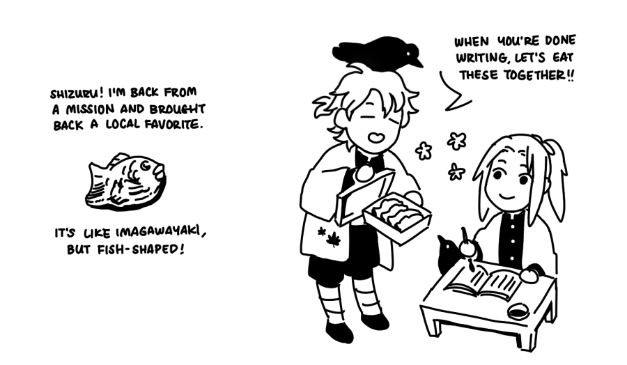 @ginkohs maybe because their particular line of work is so dangerous, theyre always just like "live life to the fullest; eat delicious food when you can?"
omg i gotta draw everything too... I wonder what snack makes shizu say "yum" hehe.... 