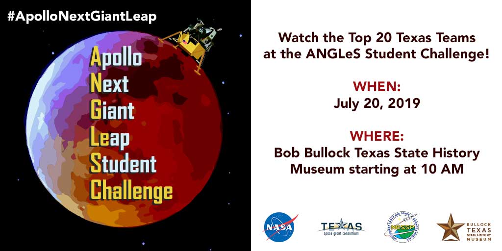TexasSpaceGrant's tweet image. Pls share &amp; RT! Hey Austin! No plans tomorrow? Come watch the Top 20 Texas teams complete the #ApolloNextGiantLeap Student Challenge at the Bob Bullock Texas State History Museum tomorrow at 10AM. #Apollo50 #lunarmodule #drones @NWESSP