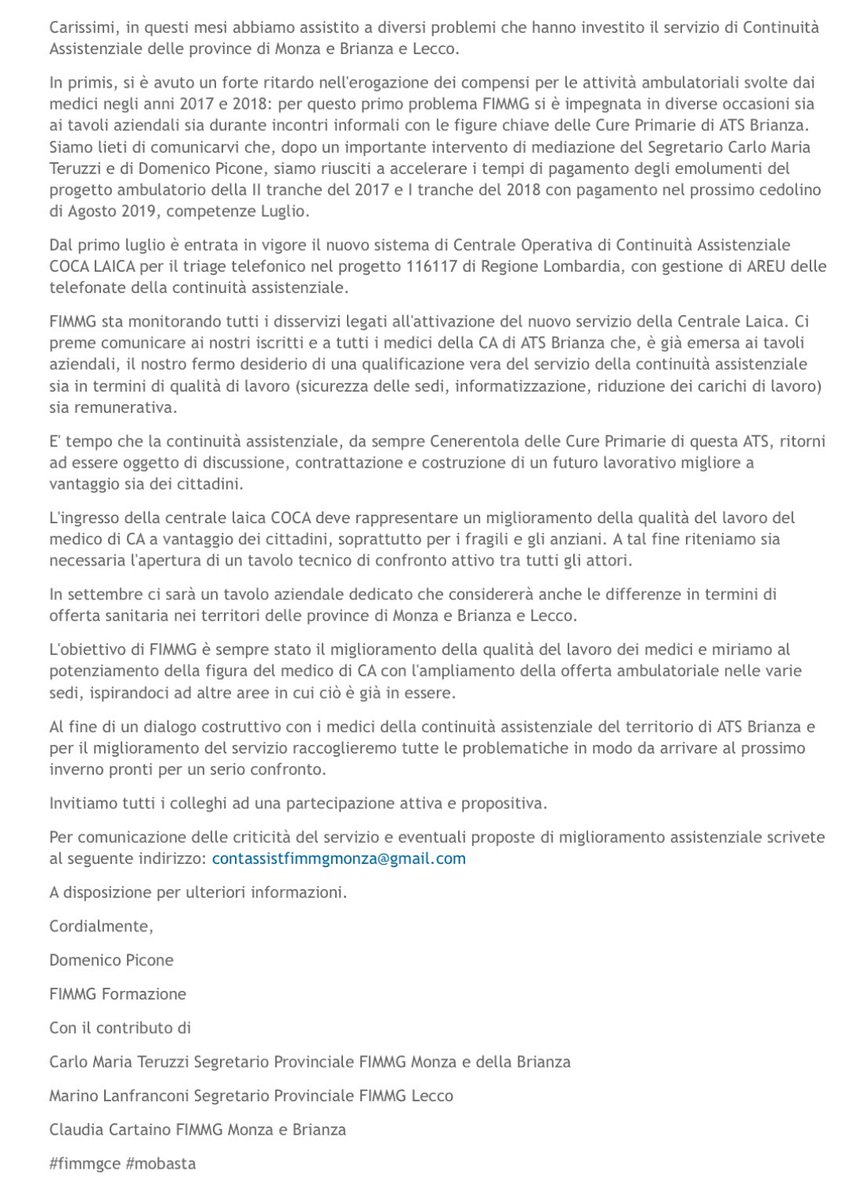 fimmgnotizie's tweet image. Fimmg ATS Brianza, operatività Centrale Operativa Laica di Continuità Assistenziale, Domenico Picone (Fimmg Formazione) scrive ai colleghi della CA
@DomenicoPicone1 
@SilvestroScotti 
#mobasta 
@FimmgNazionale 
@FimmgForm