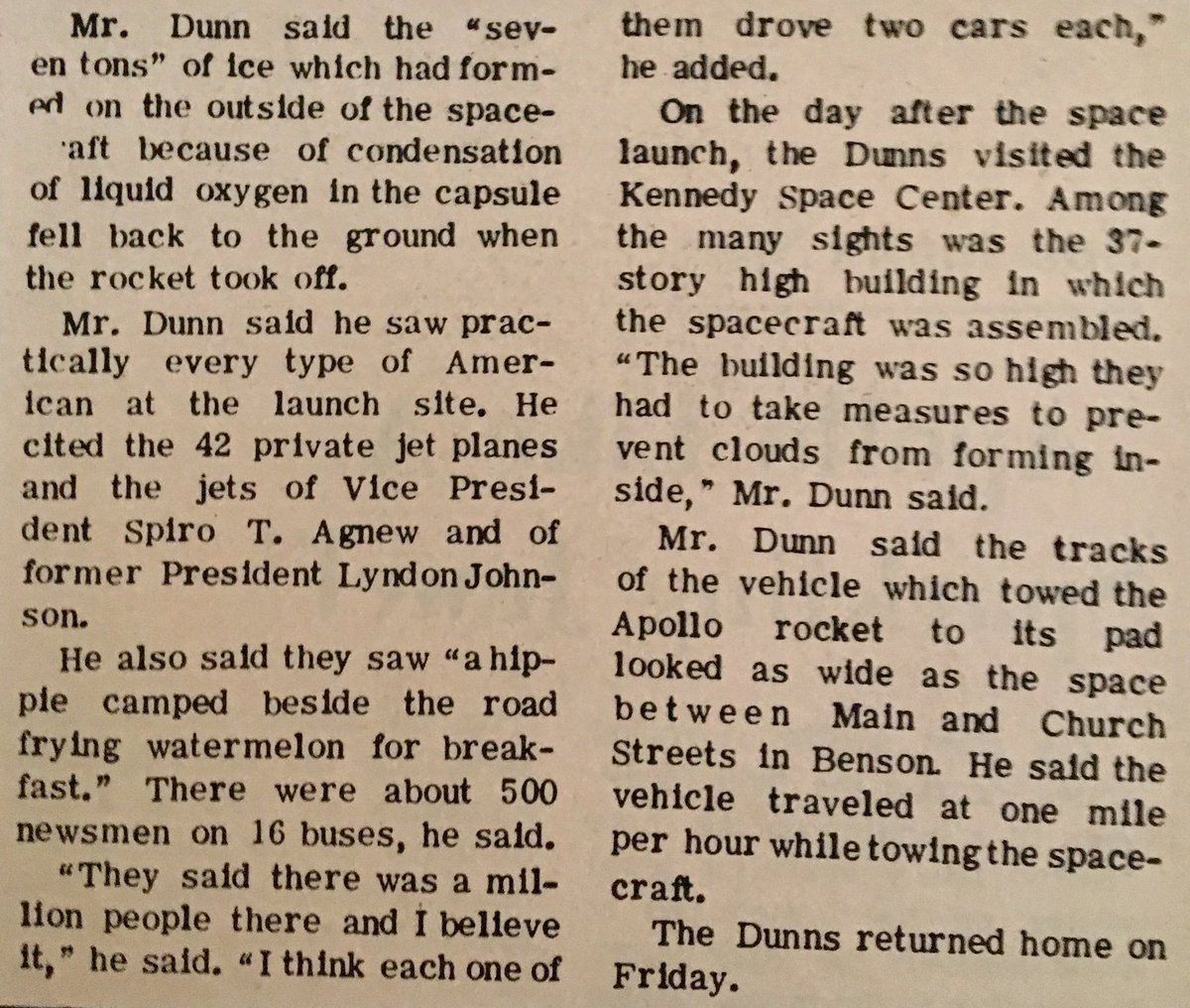 50 years ago, tomorrow, my father and his family stood at gate 3 and watched the improbable mission take flight from around 10 miles away. 
🌝 👨‍🚀 🇺🇸 🚀 <a href="/NASA/">NASA</a>
(This is the article that ran in the Benson News and Review after they returned home)
#moonlanding #apollo11 #Apollo50th