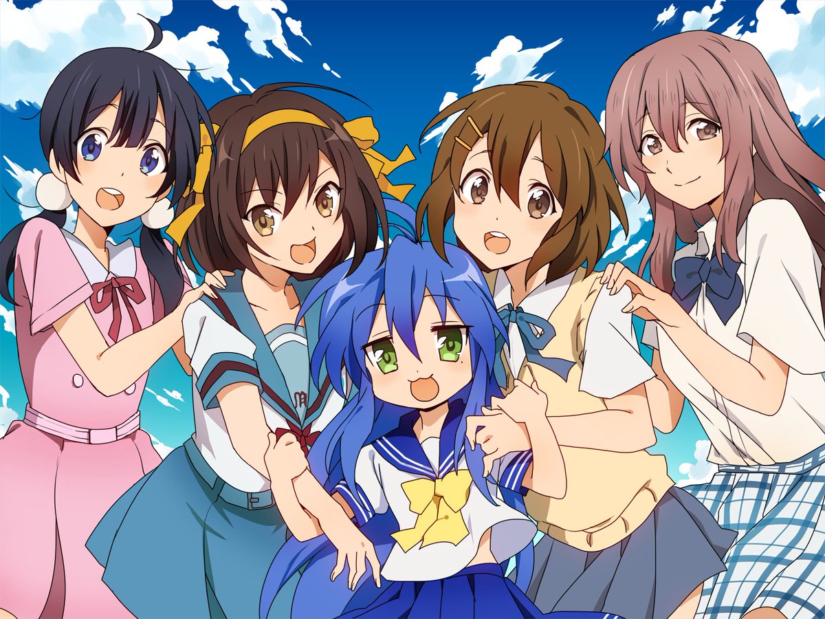 hirasawa yui ,izumi konata ,kitashirakawa tamako ,suzumiya haruhi school uniform blue skirt multiple girls blue sailor collar long hair serafuku mole  illustration images