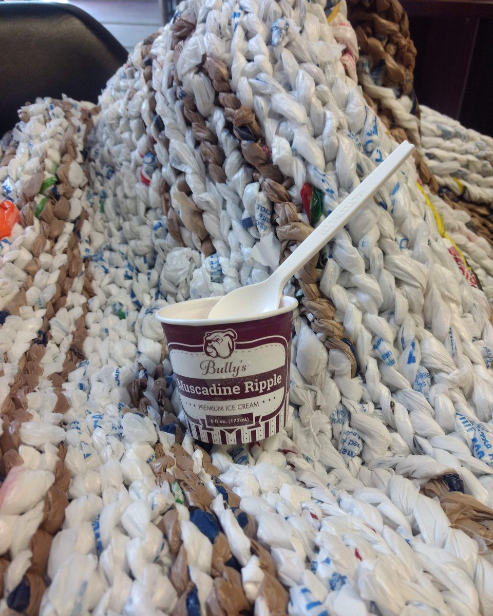 MaroonVolunteer's tweet photo. What do we do when we're sooooo close to being done with ANOTHER mat??? We enjoy free #MSUIceCream! @msucheese #plarn #maroonvolunteers https://t.co/kEgAmQM6bX