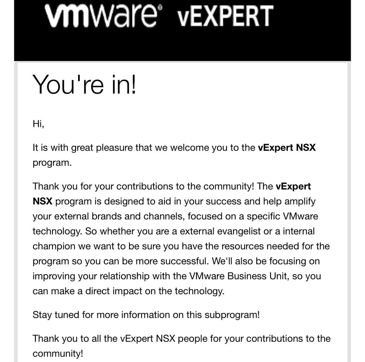 gehackte's tweet photo. Happy and honored to be vExpert NSX 2019 for the second time. 

Looking forward to the autumn helping customers with networking and security for virtualization and containers
#NSX #vExpert #VMware https://t.co/IrIoqlcUC7