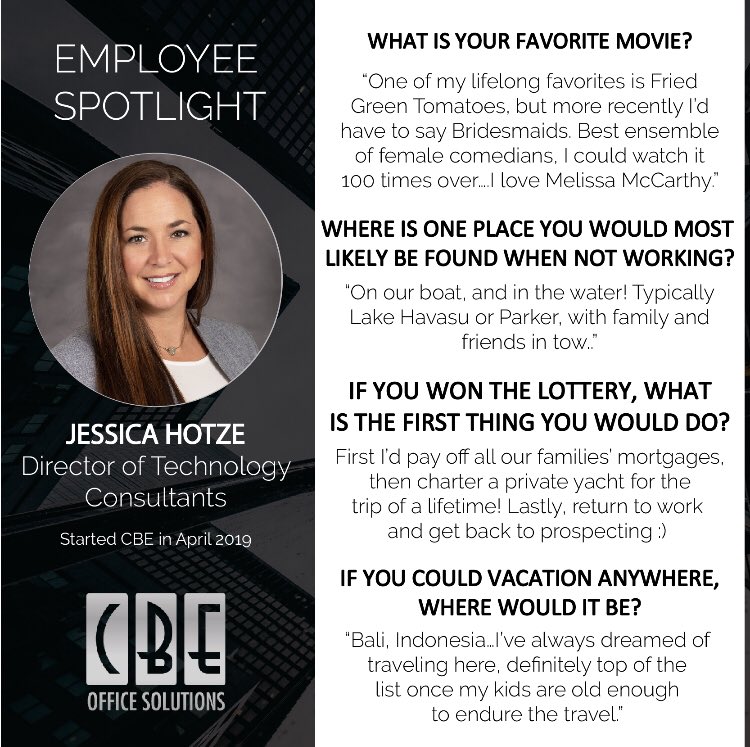 CBEsolutions's tweet photo. EMPLOYEE SPOTLIGHT: JESSICA HOTZE  #cbe #cbesolutions #employee #officesolutions  #employees #spotlight #employeespotlight  #director #technology #consultant https://t.co/TLwkvWv9rx