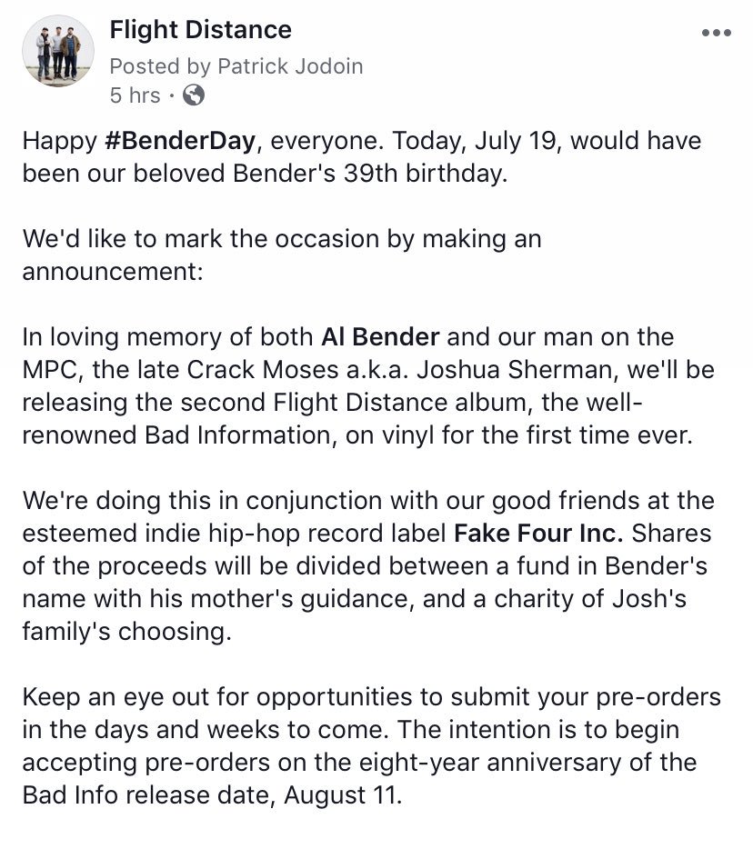 FlightDistance's tweet photo. #RIPBender #BenderDay @fakefour
Bad Info vinyl pre-orders coming soon. Much love to everyone missing Bender today. Peep the attached photos and await instruction.
#FlightDistance #FlightDistanceForever https://t.co/5xYxDtAx6v