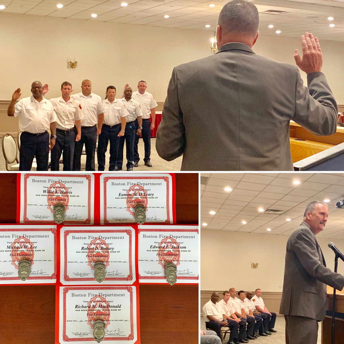 Today at <a href="/florianhalls/">Florian Hall</a> I was happy to administer the Oath of Office to promote six officers. Congratulations to Captain Willie Harris, Captain Eamon O’Leary, Lieutenant Michael Lee, Lieutenant Robert Bottary, Lieutenant Edward Jackson, Lieutenant Richard MacDonald. <a href="/BostonFire/">Boston Fire Dept.</a>