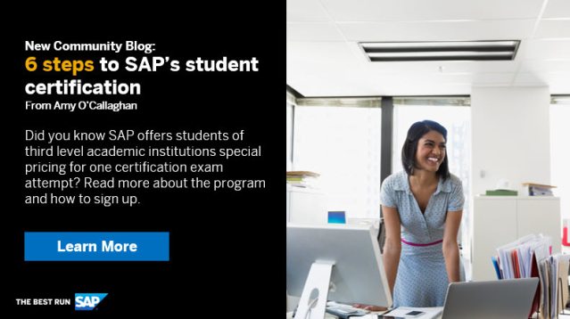RodMassey's tweet photo. Did you know SAP offers students of third level academic institutions special pricing for one certification exam attempt? Read more about the program and how to sign up. https://t.co/h11YVAm1OS https://t.co/kXJjW34wE9