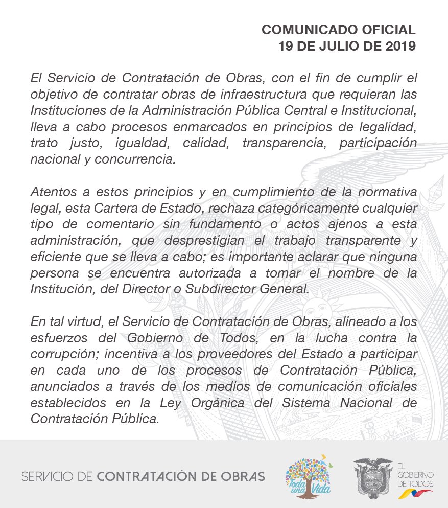 SECOB_Ec's tweet photo. #COMUNICADOOFICIAL | El @SECOB_Ec realiza contrataciones únicamente a través del portal de Compras Públicas. Entérate por medios oficiales
#SecobEnMarcha https://t.co/pIVf0y1uiz