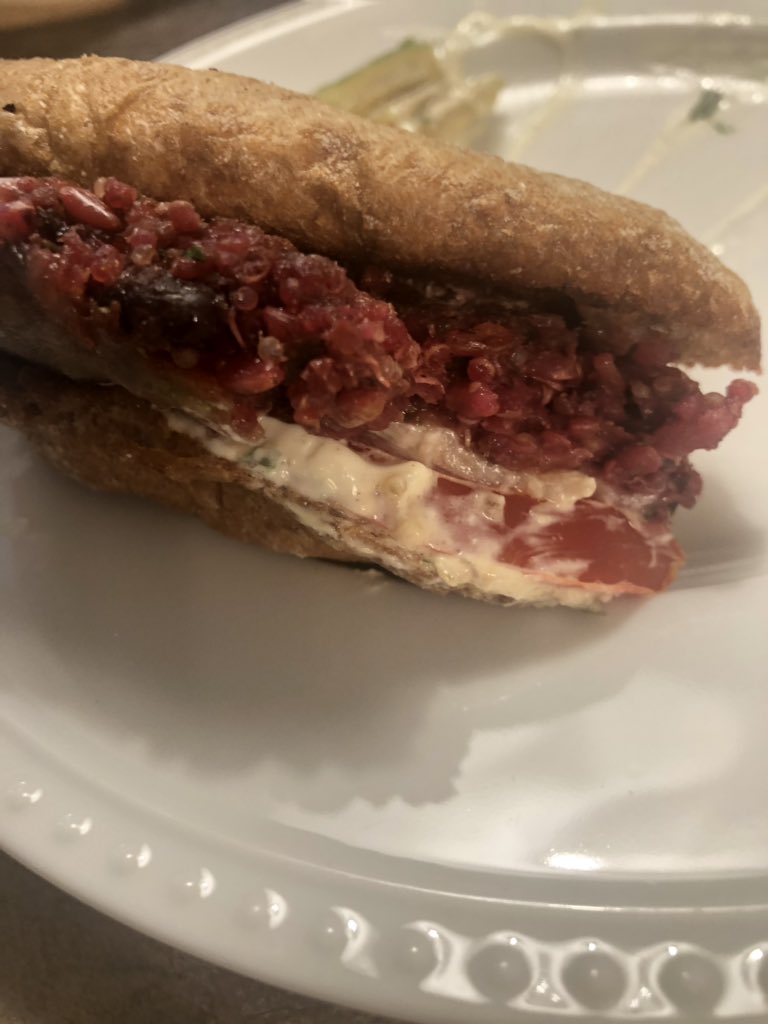 Rockinkroll's tweet photo. @roam your veggie burgers taste great but look like a raw beef patty and it took me 30 mins to convince my vegetarian wife to try what I brought home for dinner tonight.  Maybe lay off the red color and raw beef appearance for a veggie burger? https://t.co/UJRs7VcSbY