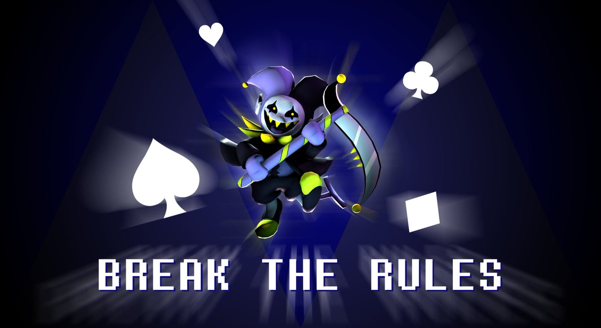 ItsVioletQueen's tweet photo. You either make the rules,
���ℝ 𝕐𝕆𝕌 𝔹ℝ𝔼𝔸𝕂 𝕋ℍ𝔼𝕄
#art #deltarune #rouxlskaard #jevil #rulescard #joker #jokercard #sourcefilmmaker #sfm https://t.co/H5eMLkQhkM