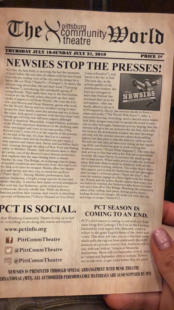 KatieKat_D's tweet photo. Our local theater is putting on Newsies! They’ve got big shoes to fill, but I’m excited! @JeremyMJordan https://t.co/udJBjWtUtb