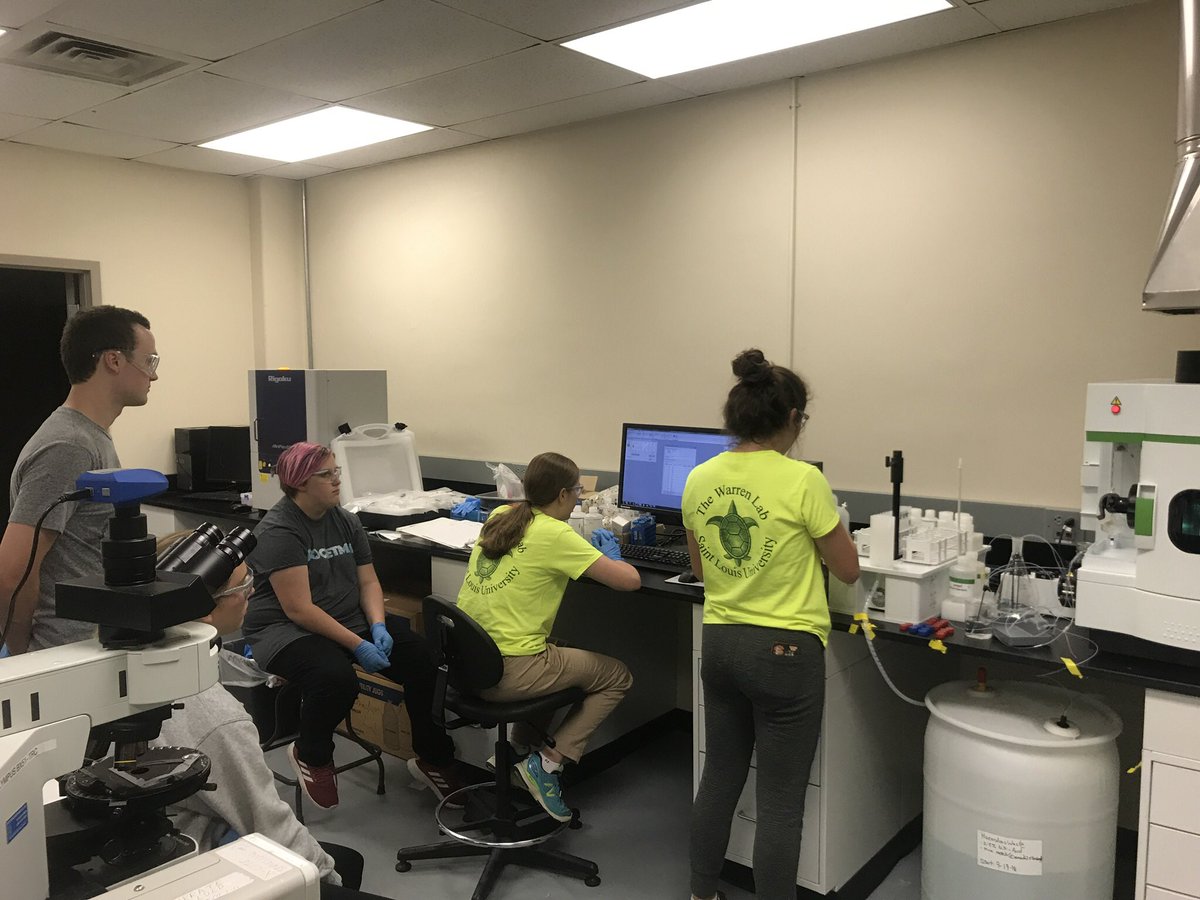 SLUCompPhys's tweet photo. Our #TRTLE teens hard at work on our #NSFfunded ICP-OES to analyzing our H2O samples from their summer field work in MN. How might the composition of a turtle’s bone be affected by the composition of the water it lives in? They’re helping us find out! @NSF_BIO @SLUResearch https://t.co/elXCoQwgDd