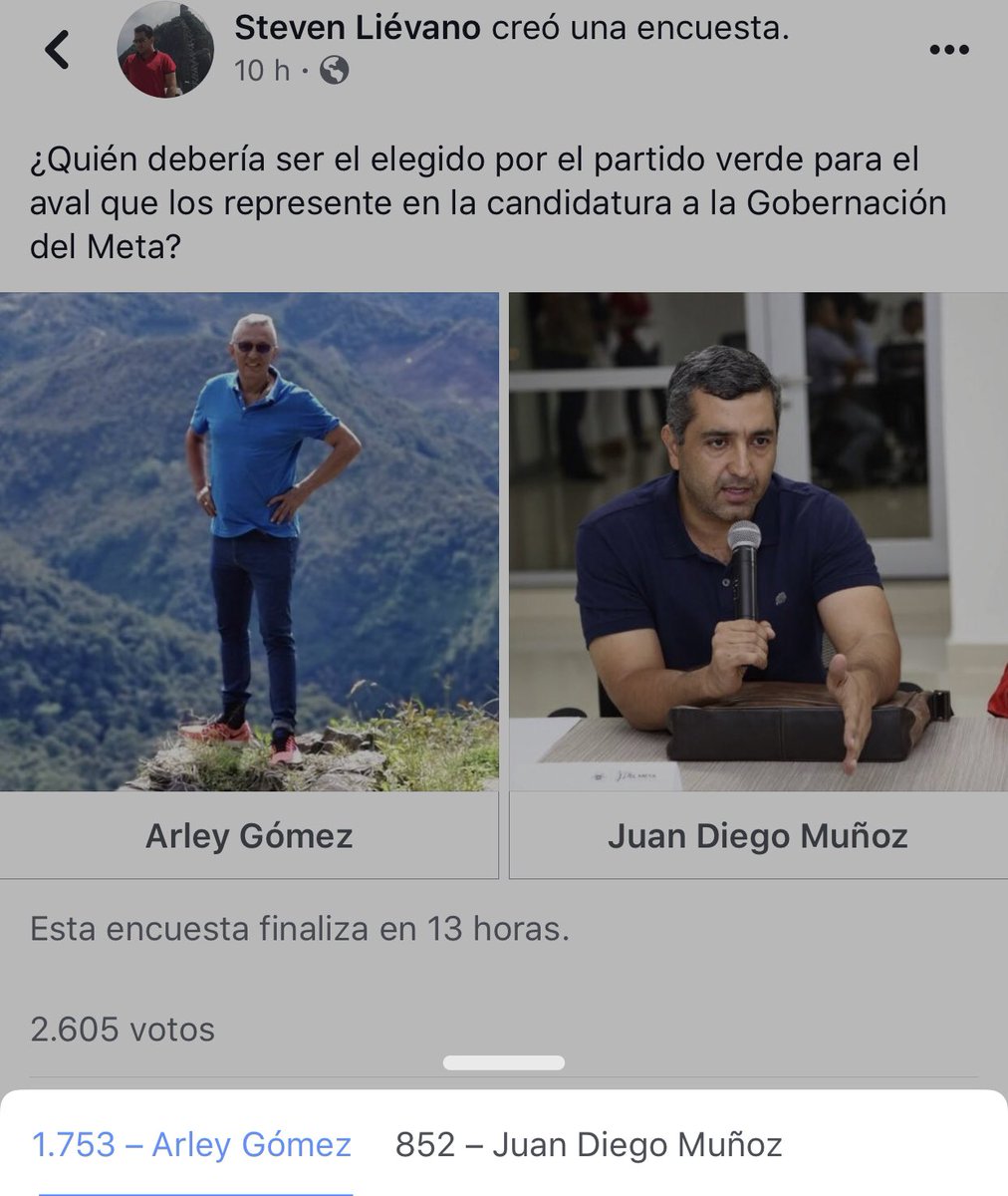 StevenLievano's tweet photo. A esta hora Arley Gómez lidera encuesta sobre aval del @PartidoVerdeCoL para la Gobernación del Meta, sin embargo, aseguran que las directivas del departamento estarían respaldando a Juan Diego Muñoz. @ClaudiaLopez @navarrowolff https://t.co/w3BsGJkNl6