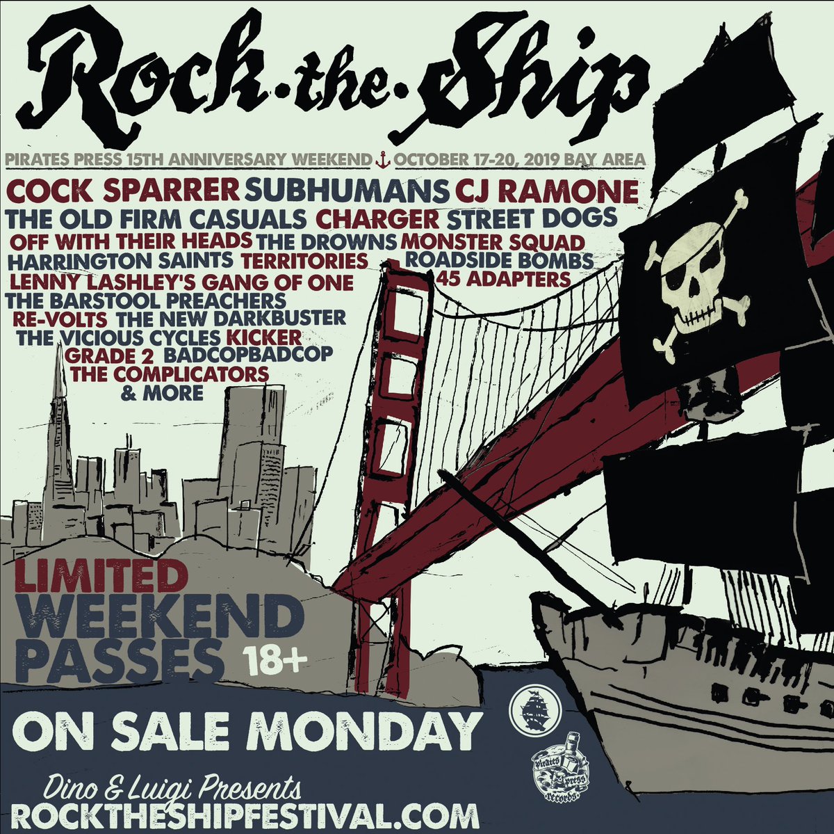 HarringtonSaint's tweet photo. #PIRATESPRESSRECORDS 15th Anniversary #ROCKTHESHIP weekend!  Insane roster of bands.  Wanna be part of it?  Get your passes.  Don’t procrastinate.  Only way to see #harringtonsaints is grabbin a weekend pass.  https://t.co/kzgQMZiCLQ for more info.  Stoked!!  #rts19 https://t.co/HMBai982h9