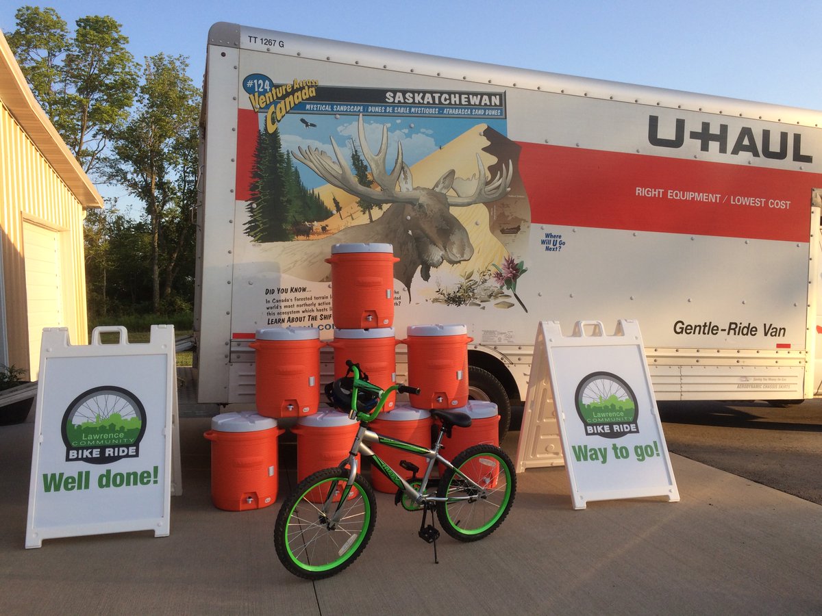 What has 300 helmets, 150 t's, 150 vests, 100 gallons of water + 120 pounds of ice in it? Well - if you guessed the Community Bike Ride supply truck - you are on the right path! See you tomorrow enjoying the 80 degrees morning with us! #LFK  #cyclinglife #LawrenceCycling #LKSBike