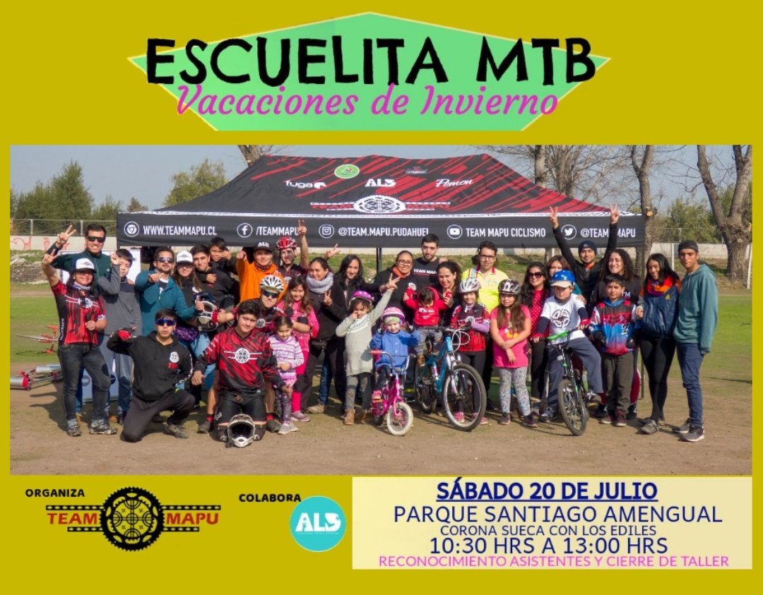 Mañana 20/Junio, Escuelita MTB vacaciones de invierno desde las 10:30 a 13 hrs en el Parque Santiago Amengual (Corona Sueca con los Ediles) Pudahuel, gratuita para niños y niñas que quieran participar de las actividades que tenemos preparadas para fomentar el uso de la bicicleta