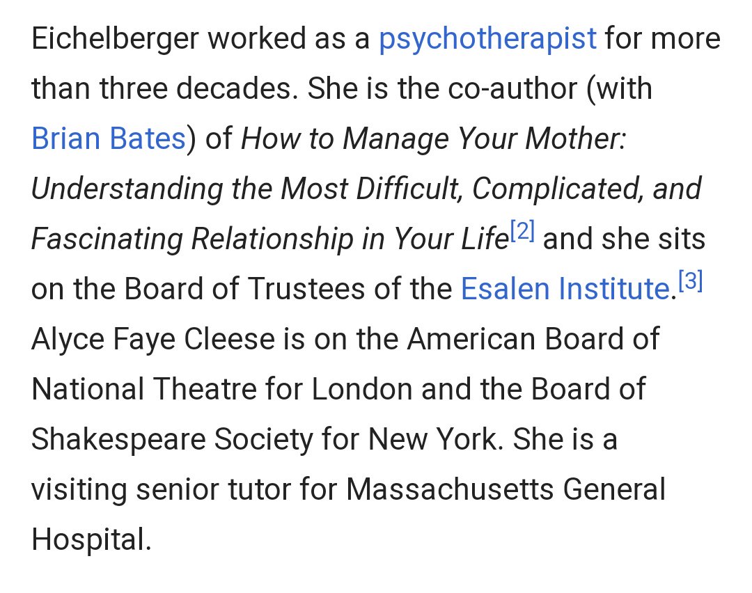 The Meaning of Life: Monty Python's John Cleese and his child psychoanalyst wife Alyce Faye Eichelberger, now divorced, appear on Epstein's list. Faye studied under Anna Freud, Sigmund's youngest child, and has strong ties to the Hampstead clinic and the Esalen cult.