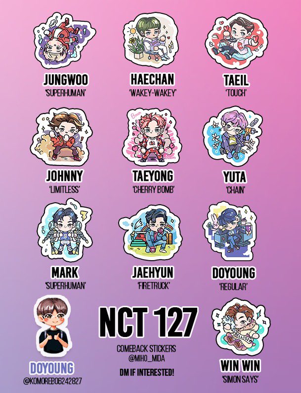 on twitter nct 127 stickers print by miho mida 1 set 10 members 6 sgd 1 member 1 sgd print 5 sgd