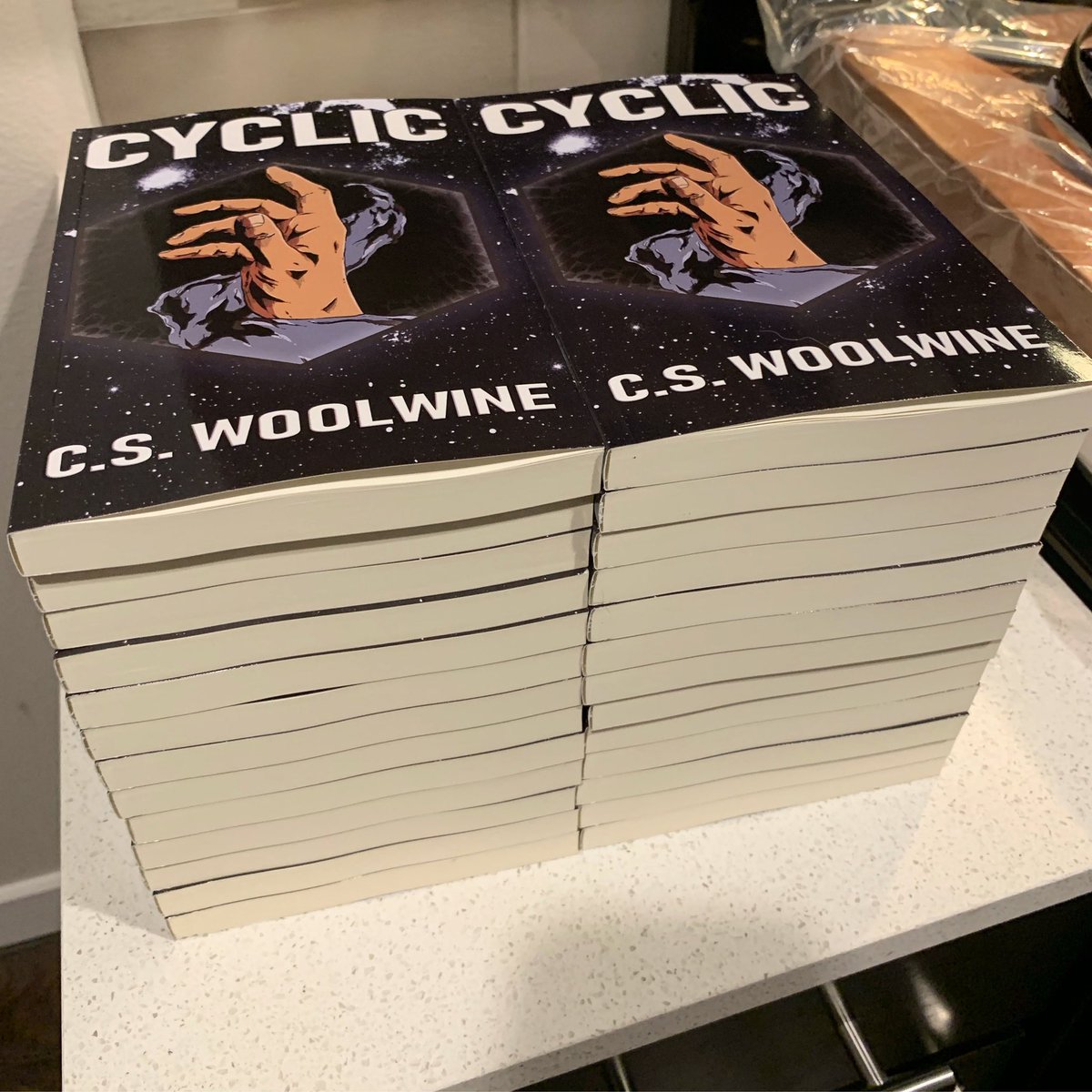 HaxDogma's tweet photo. The books have arrived! 🥰 #Cyclic #July27th #WritingDebut #ScienceFiction #Finally https://t.co/VuIEGZohHT
