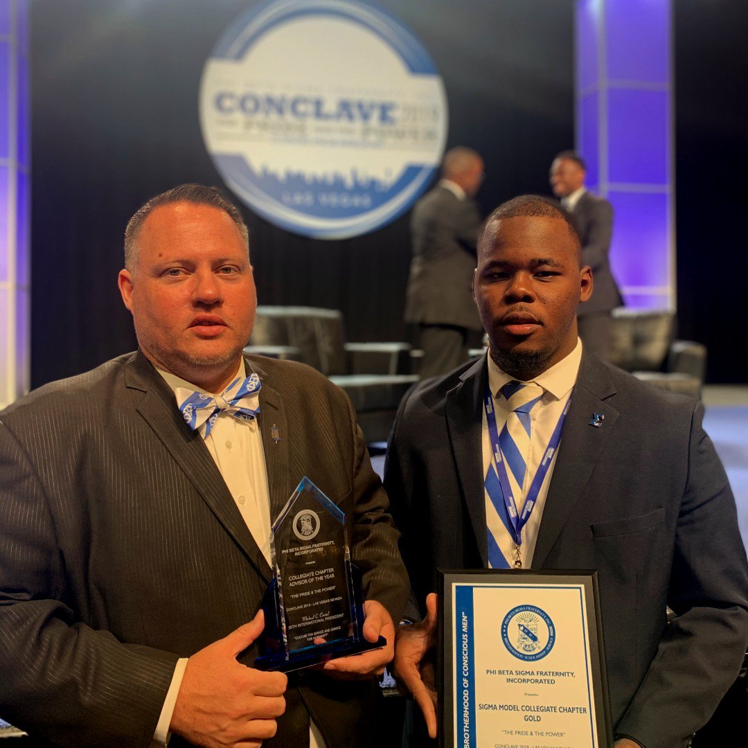 Chrisreports's tweet photo. Finally posting. At #PhiBetaSigma #SigmaConclave19 in #LasVegas not only did the chapter I advise win the title of #ModelChapter in the fraternity at the gold level (@ubsigmas) but I was also named #AdvisorOfTheYear. Truly excited for my undergrads and humbled by the honor. https://t.co/laqVFPFsfN