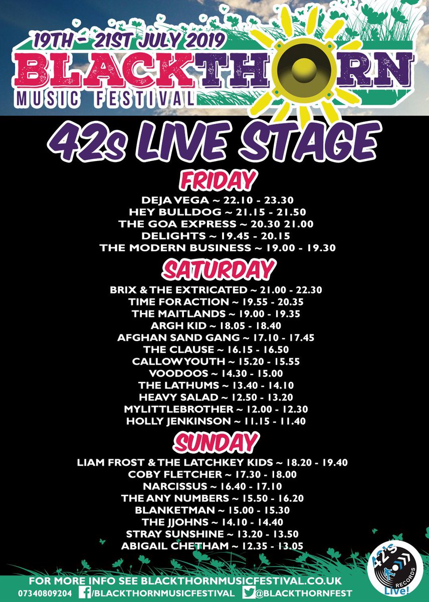 On our stage <a href="/BlackthornFest/">Blackthorn Music Festival</a>
We have an epic day with
<a href="/BrixExtricated/">Brix & The Extricated</a> <a href="/TimeForAction__/">TIME FOR ACTION</a> <a href="/The_Maitlands/">The Maitlands</a> <a href="/arghkid/">Scotty</a> @AfghanSandGang @theclausebrum <a href="/Callow_Youth/">Callow Youth</a> <a href="/voodo0s/">VOODOOS</a> <a href="/TheLathums/">THE LATHUMS</a> @HeavySaladSound @mlittlebrother <a href="/holly_jenkinson/">Holly Jenkinson</a> 
This is something special 
blackthornmusicfestival.co.uk