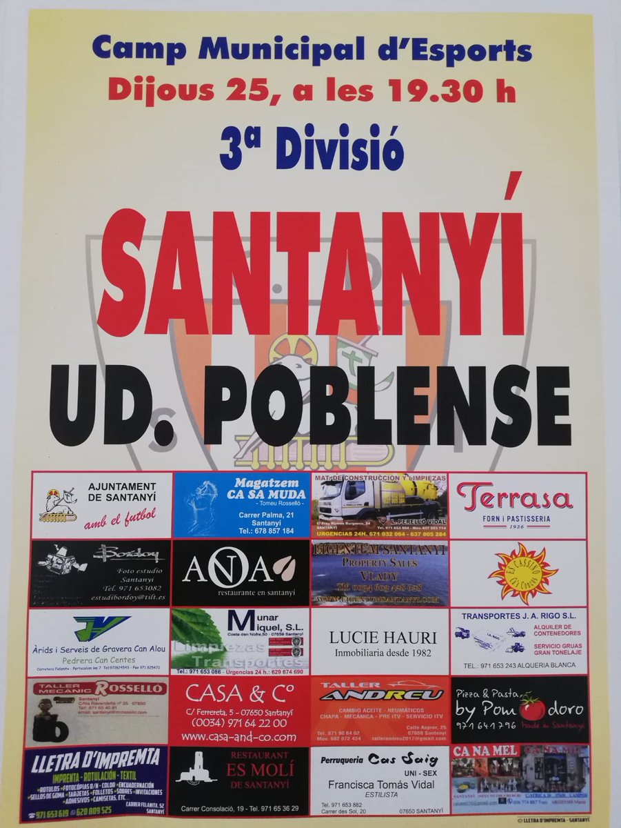 Primer amistós de la pretemporada 2019-2020,  amb motiu de les Festes Sant Jaume 2019, ens visita <a href="/udpoblense/">U.D. Poblense</a>,  enguany amb un altre equipás,  a ben segur candidat a guanyar la lliga <a href="/TerceraBalear/">TerceraXI</a> 
#trofeusantjaume
#cesantanyivsudpoblense