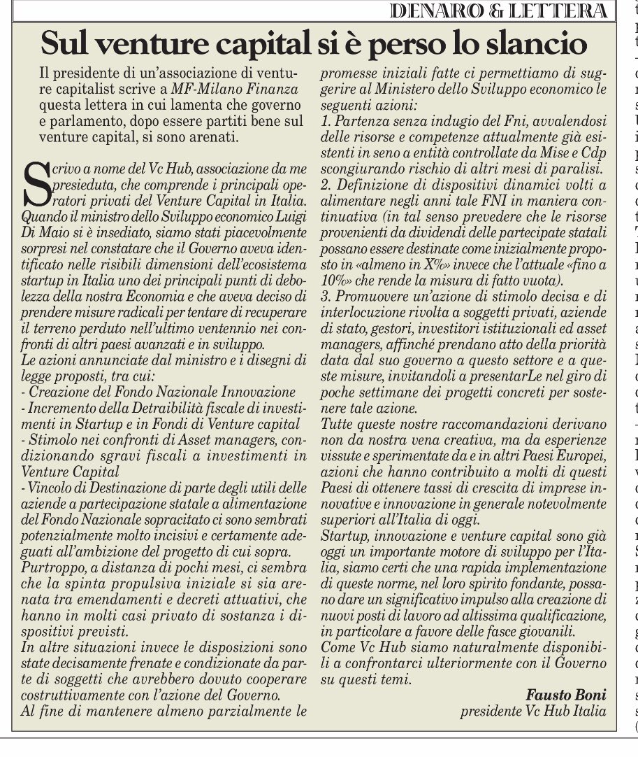 Lettera del <a href="/vc_hub/">VC Hub Italia</a> su <a href="/MilanoFinanza/">MilanoFinanza</a> <a href="/MISE_GOV/">Assessorato allo Sviluppo Economico di Bugliano</a> <a href="/GruppoCDP/">Cassa Depositi e Prestiti</a> <a href="/P101Ventures/">P101</a> <a href="/UnitdVentures/">United Ventures</a> <a href="/360CP/">360 Capital</a> <a href="/dpixel_vc/">dpixel_vc</a> <a href="/Innogest_VC/">Innogest Capital</a> <a href="/panakes/">Panakes Partners</a>