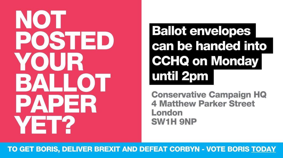 Not posted your ballot yet? 

Ballot envelopes can be handed into CCHQ on Monday until 2pm.

#togetborisvoteboris #BackBoris
