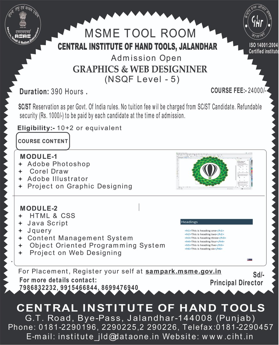 #MYMSME Admission Notice in " Graphics & Web Designinner " NSQF level 5 at CIHT Jalandhar https://t.co/Uvf5QH7LR2