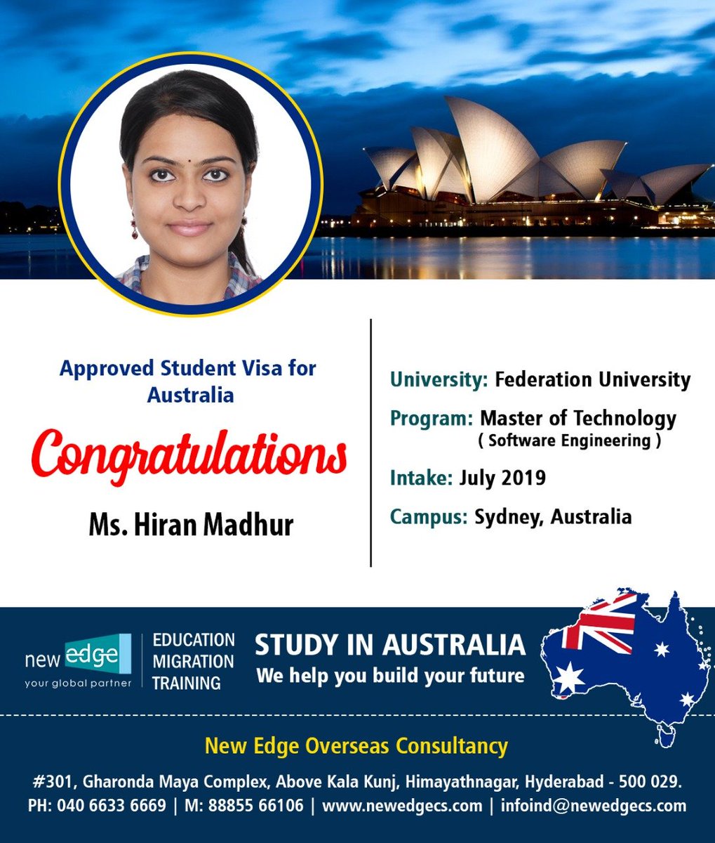 newedgecsglobal's tweet image. Ms. Hiran Madhur on her visa being approved to study #Master_of_Technology(software engineering) from #Federation_University Sydney Australia, Visa approved for the intake July 2019. for Expert Advice Call us +91 8885566106. please visit us newedgecs.com